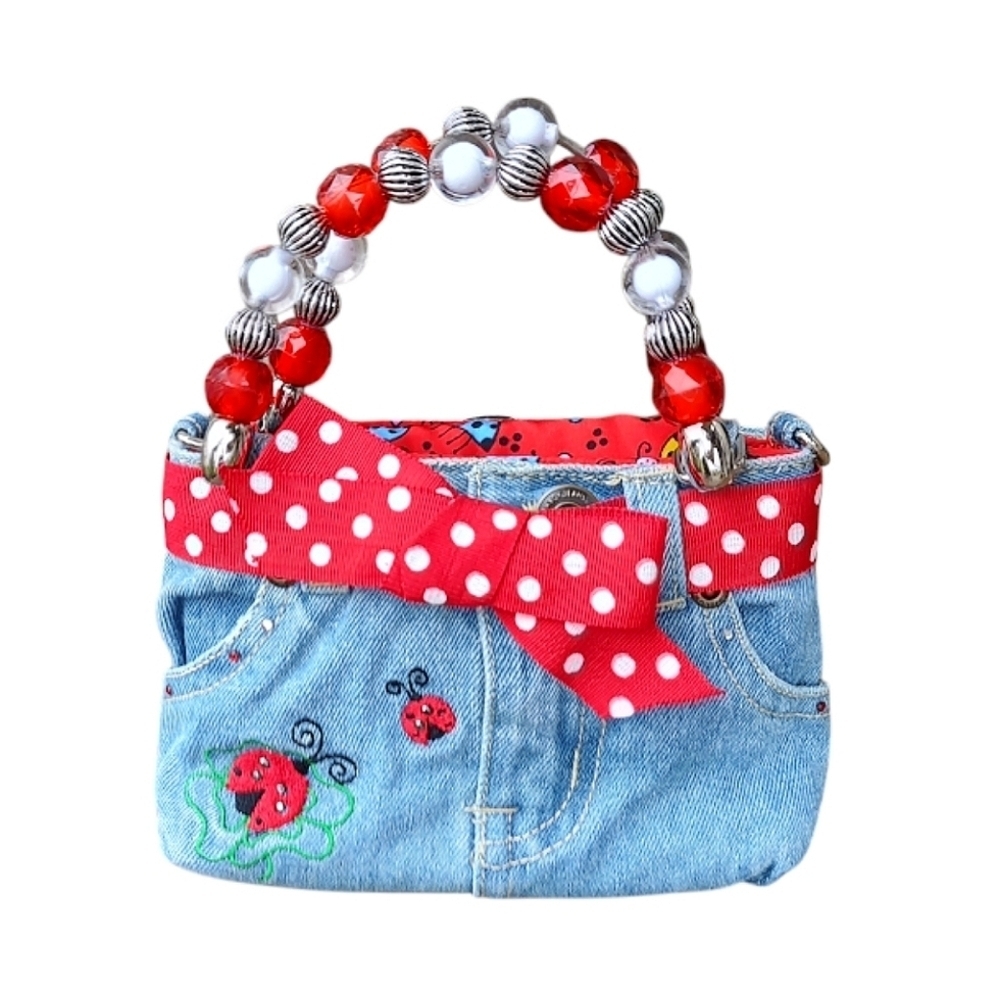 Vintage Denim Handbag With Polka Dots And Ladybugs - Icy Blue & Cherry Red